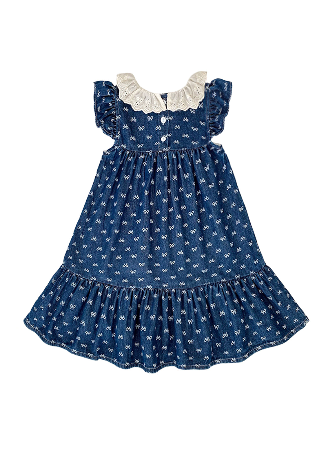Girls Sweet Denim Bow Print Lace Dollar Collar Dress