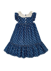 Girls Sweet Denim Bow Print Lace Dollar Collar Dress
