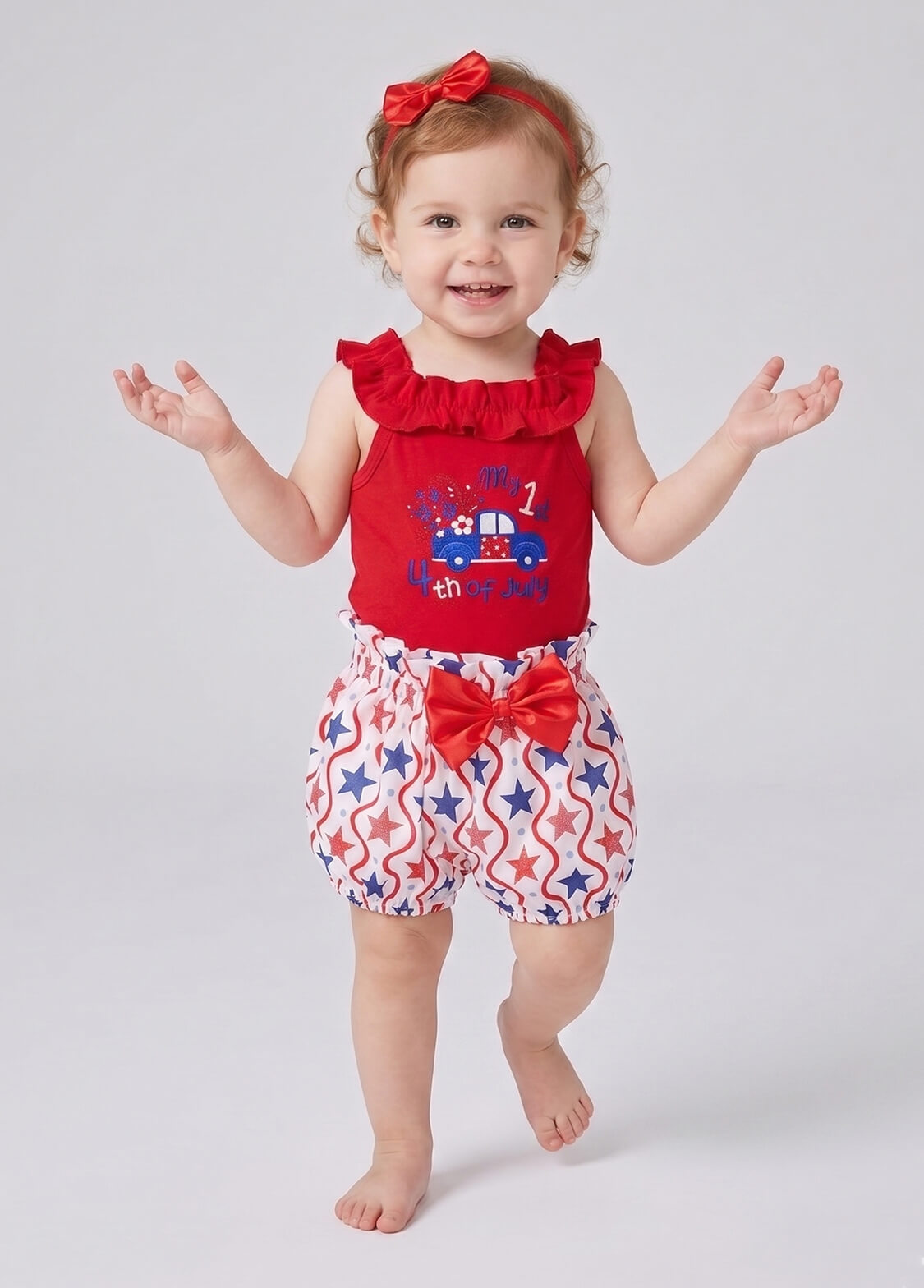 Baby Girls My 1st 4th of July Outfit Set Infant Patriotic Ruffle Romper Bodysuit Star Shorts and Headband 3-Piece Set