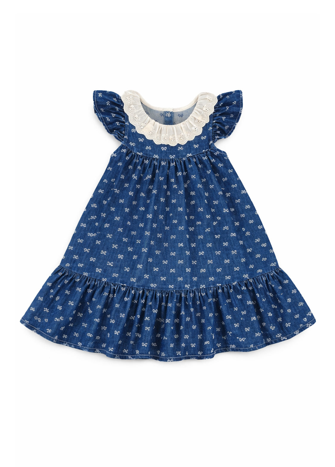 Girls Bow Print Cotton Denim Dress