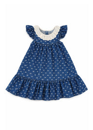 Girls Bow Print Cotton Denim Dress