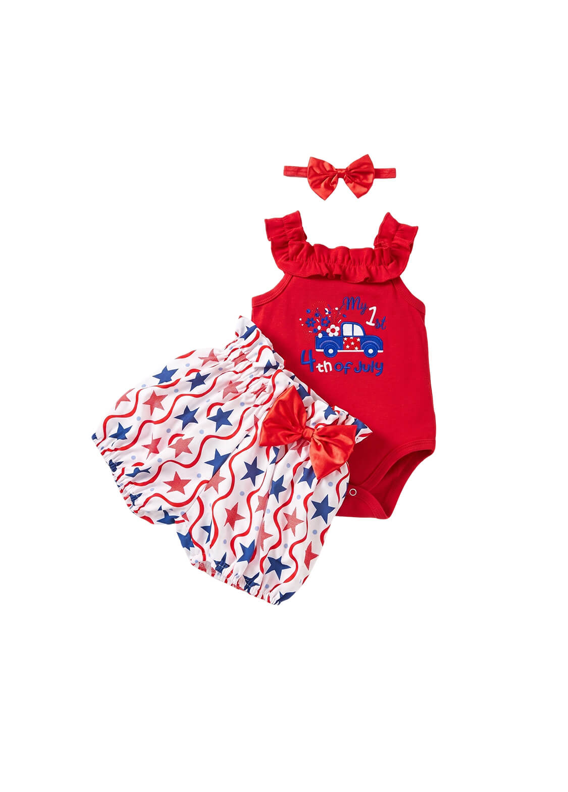 Baby Girls My 1st 4th of July Outfit Set Infant Patriotic Ruffle Romper Bodysuit Star Shorts and Headband 3-Piece Set