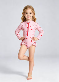 Girls' & Toddlers' Swimsuit — Strawberry Print, One-Piece, Long-Sleeve, Sun-Protective, Quick-Drying