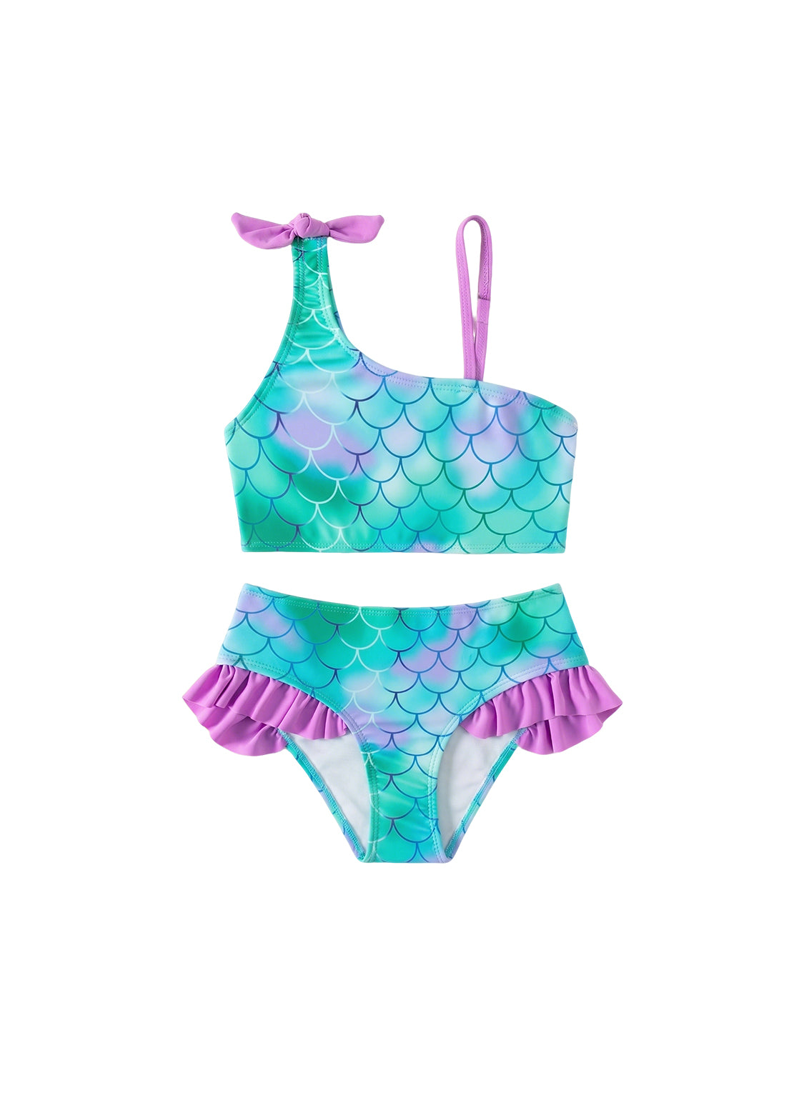 New Girls' Off-Shoulder Bikini Set — Fish Scale Print Two-Piece Swimsuit for Kids