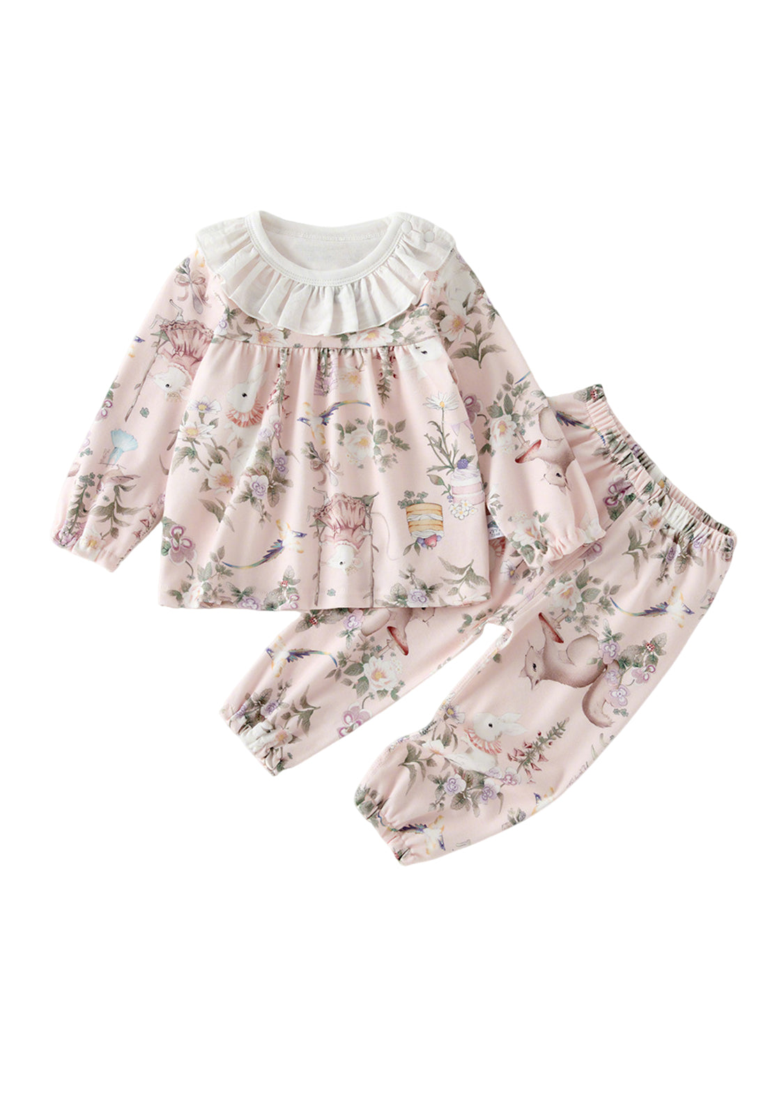 Girl Cute Soft Cotton Floral Animal Print Ruffles Long-sleeved Homewear Set