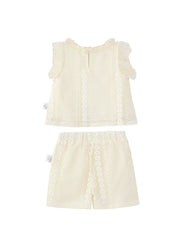 Girls' Lightweight Two-Piece Set: Top with Flutter Sleeves and Openwork Floral Design, and Trousers