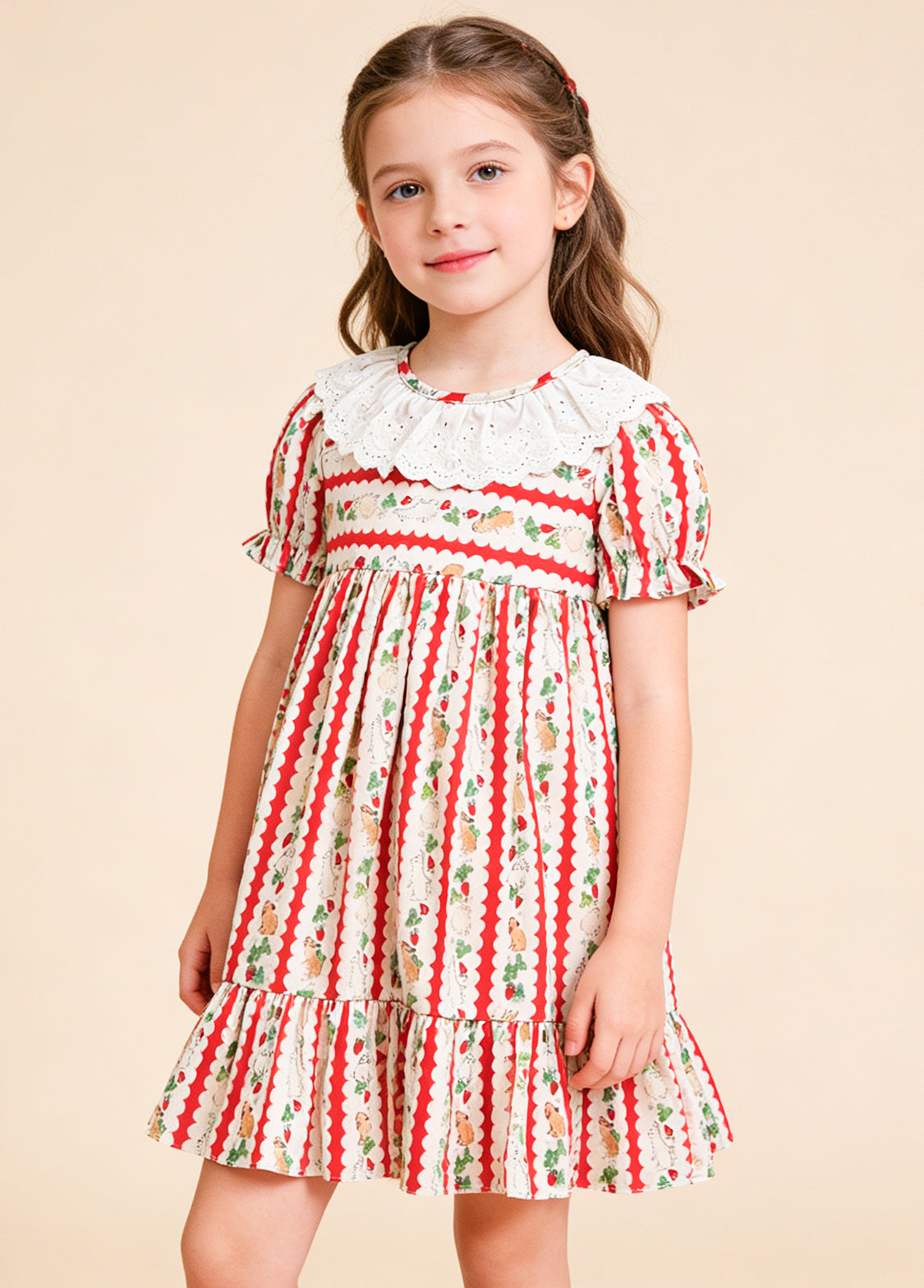 Girls Cotton Lace Rabbit & Carrot Print Dress