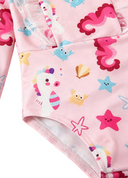 Girls' Long-Sleeve Swimsuit: Underwater Cartoon Patterned Bodysuit / One-Piece Swimwear