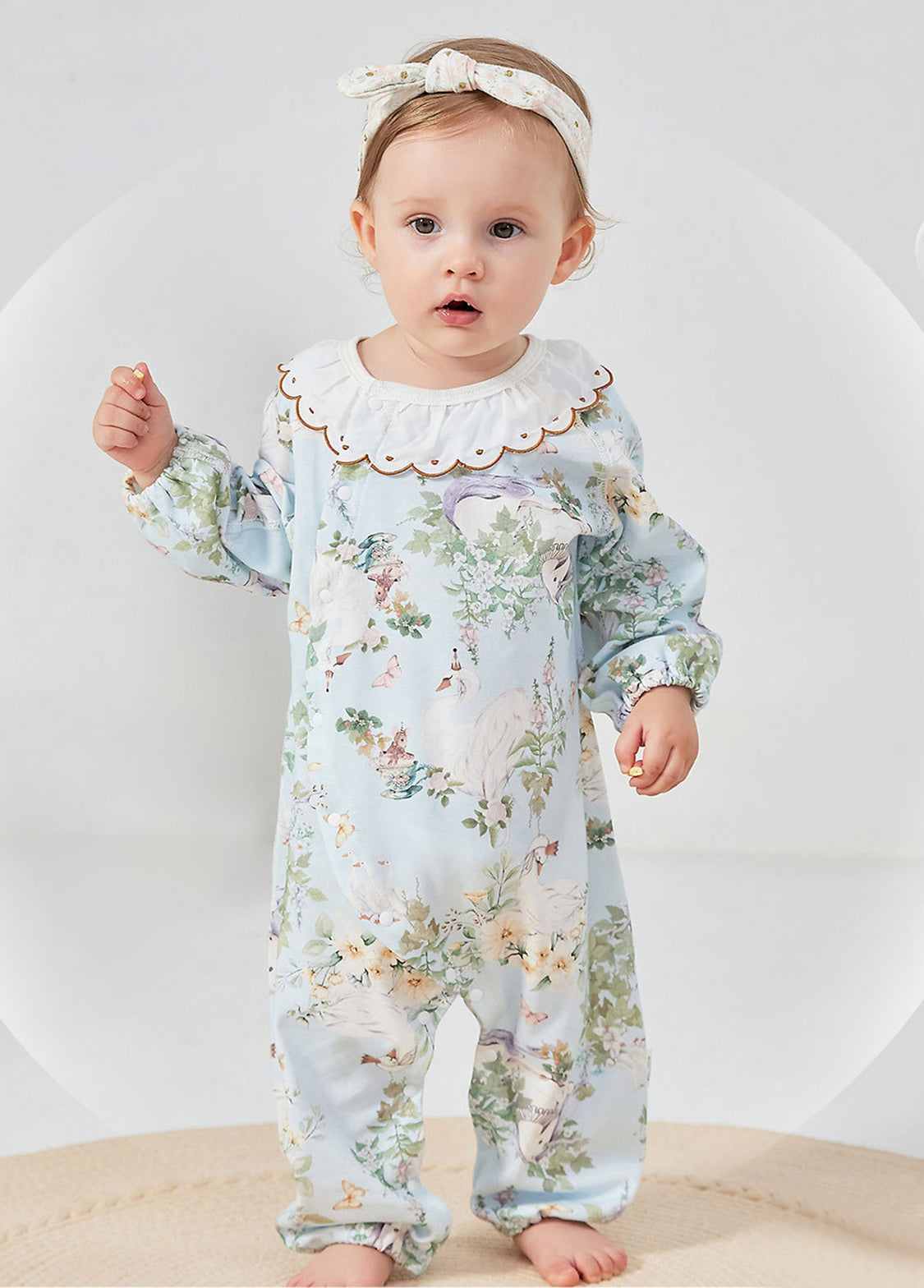 Baby Girls Cute Bamboo Fiber Floral Cartoon Print Dollar Collar Romper