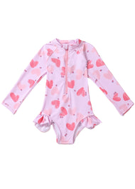 Girls' Swimsuit: Toddler & Kids' One-Piece Swimwear with Red & Pink Heart Print — Long Sleeve, Sun-Protective, and Quick-Drying