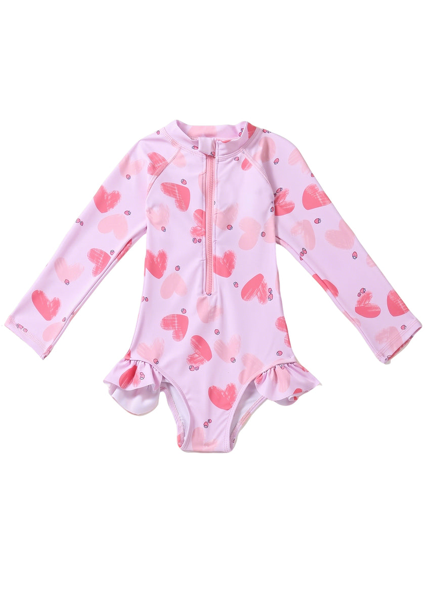 Girls' Swimsuit: Toddler & Kids' One-Piece Swimwear with Red & Pink Heart Print — Long Sleeve, Sun-Protective, and Quick-Drying