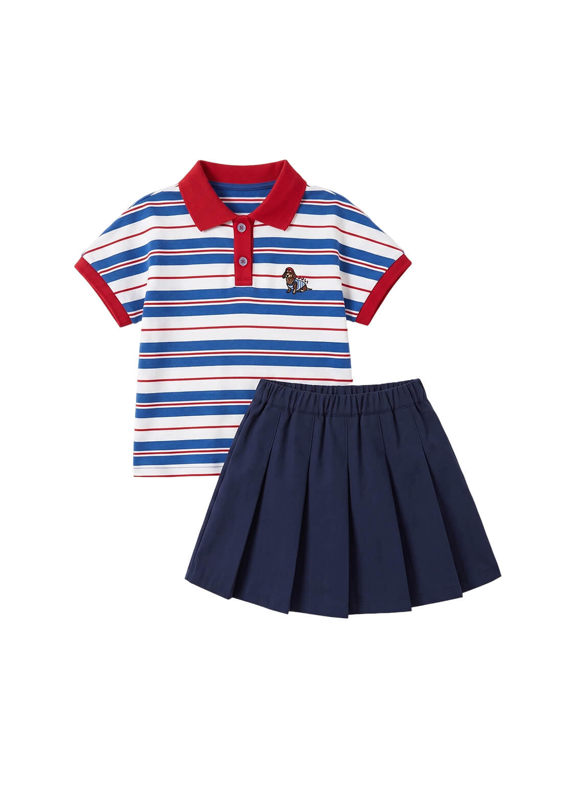Girls Preppy Style Casual 2-Piece Set Retro Striped POLO Shirt and Pleated Skirt Outfit