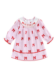 Girls Cute Bow-print Long-sleeved Dress