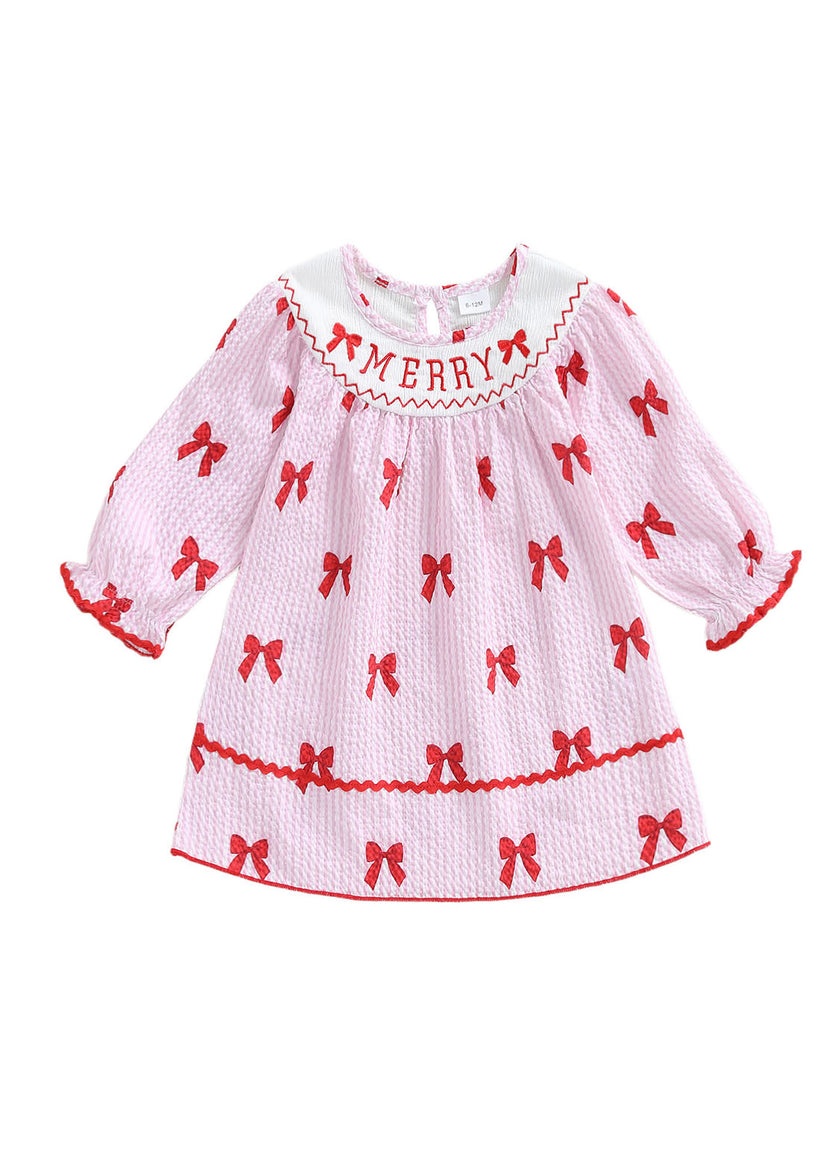 Girls Cute Bow-print Long-sleeved Dress