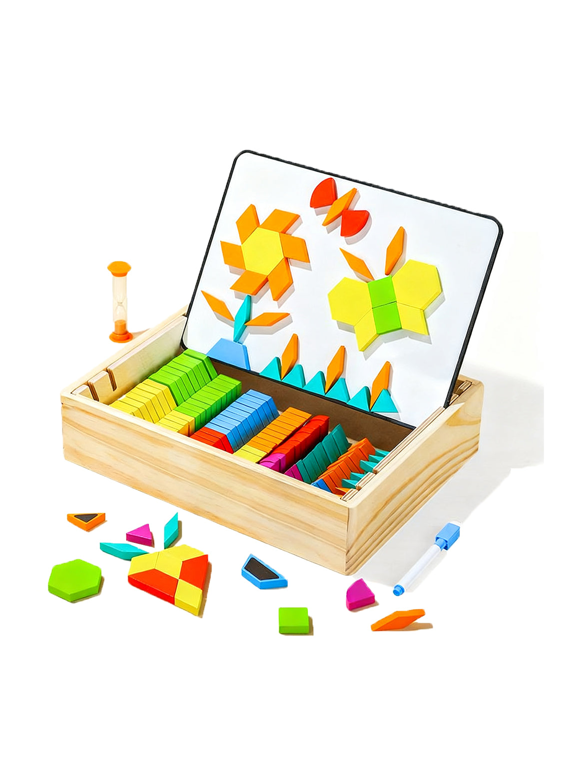 Magnetic Wooden Pattern Blocks Set – Montessori STEM Geometry Learning Toy for Kids 3+