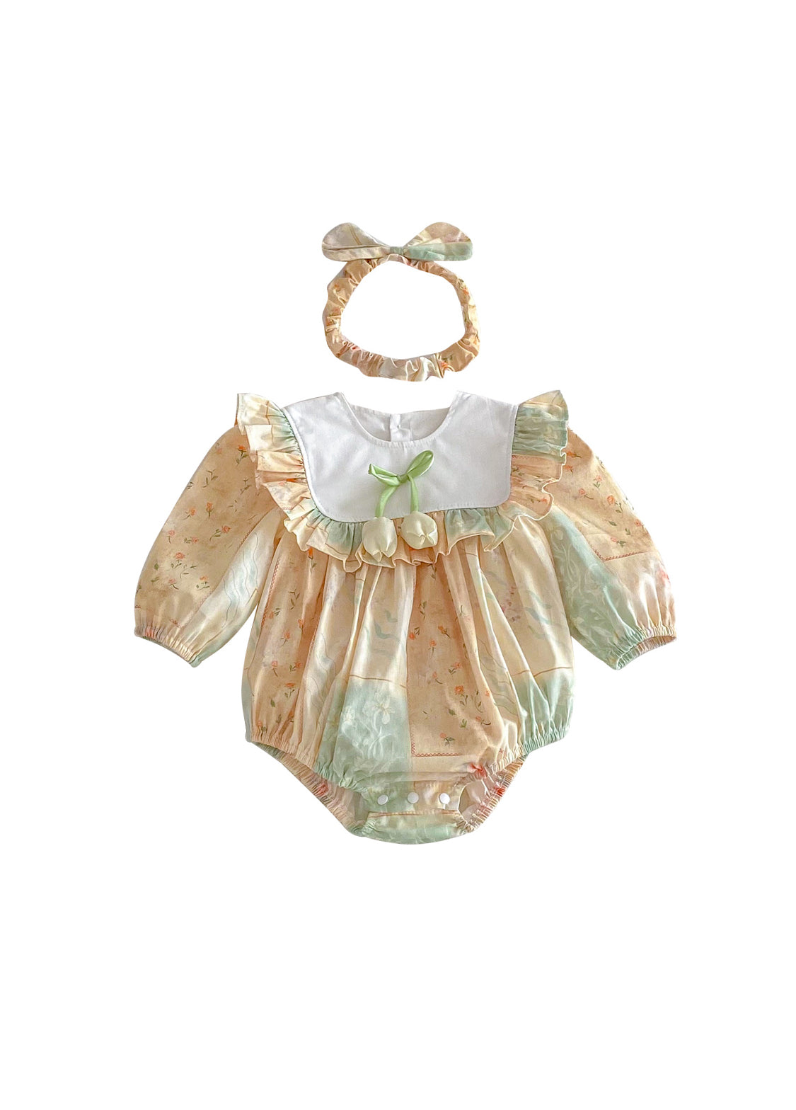 Baby Girls Retro Floral Ruffle Romper With Hairband
