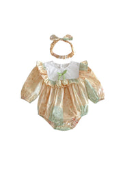 Baby Girls Retro Floral Ruffle Romper With Hairband