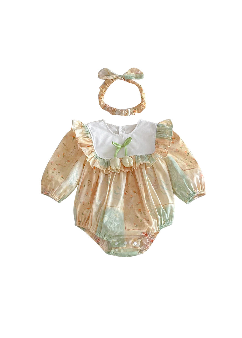 Baby Girls Retro Floral Ruffle Romper With Hairband
