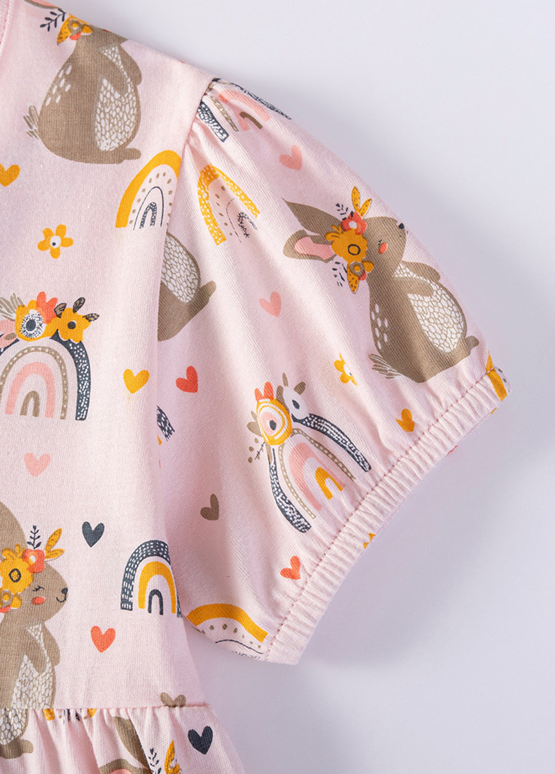 Girls Cute Rainbow Cartoon Print Puff Sleeve Dress