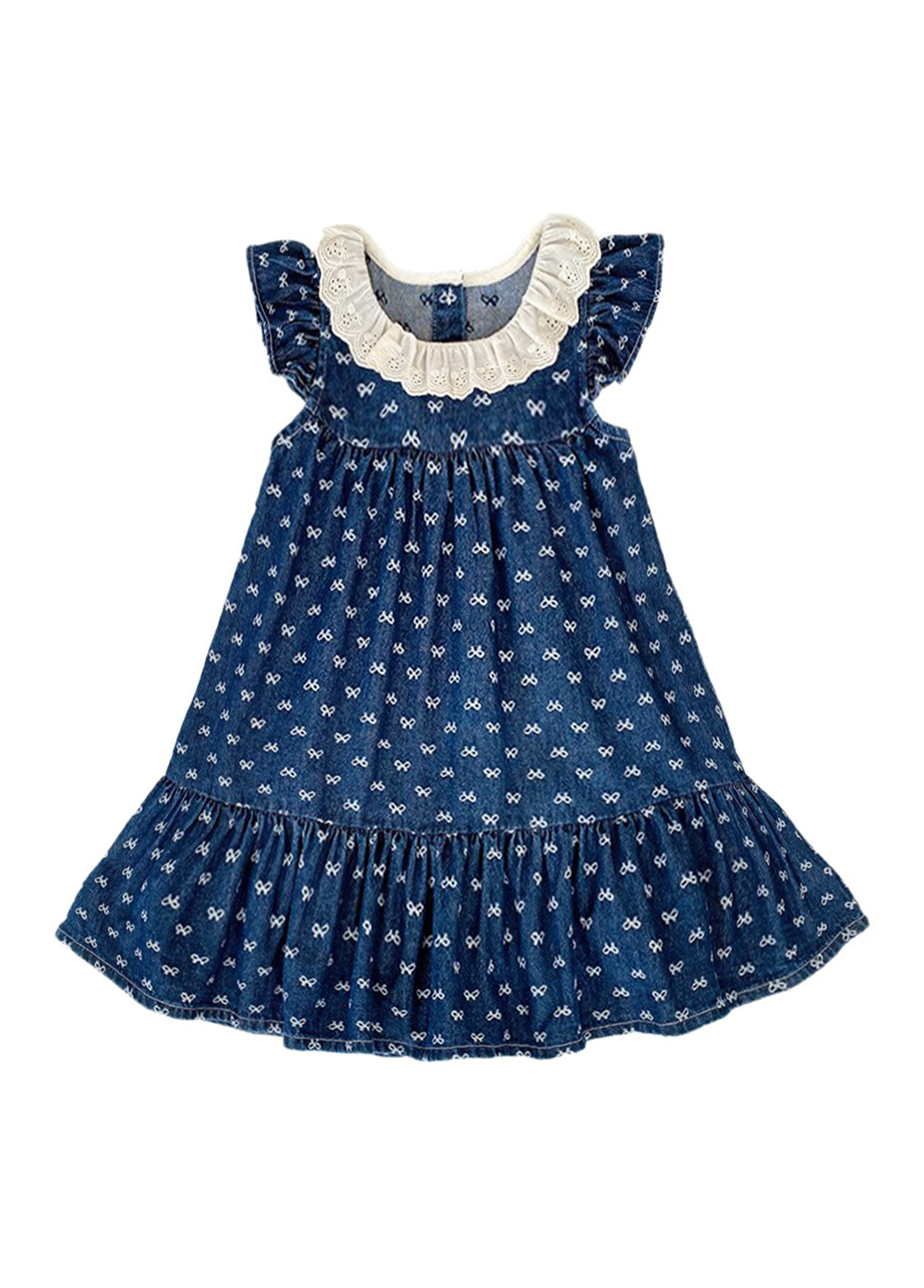 Girls Sweet Denim Bow Print Lace Dollar Collar Dress