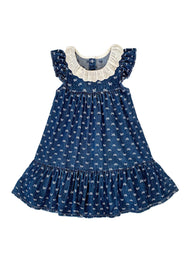Girls Sweet Denim Bow Print Lace Dollar Collar Dress