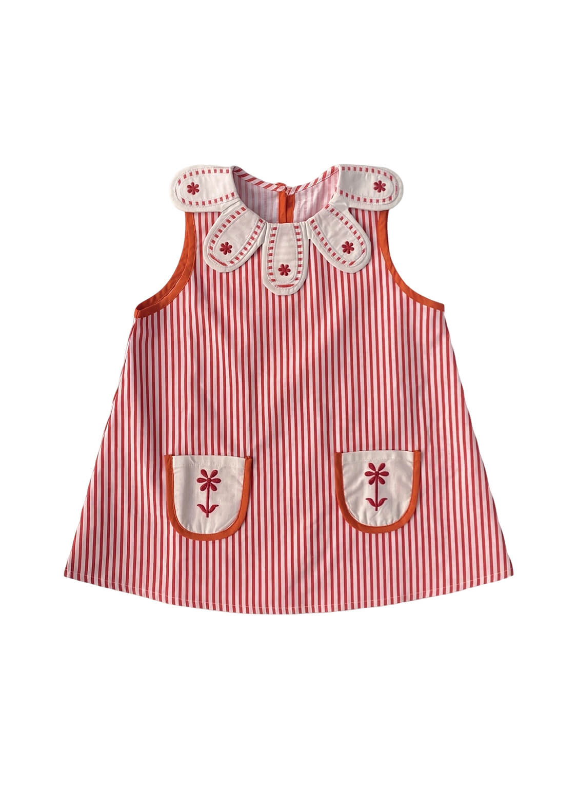 Girls Summer Vertical Striped Sleeveless Dress Toddler Petal Collar A-Line Sundress with Flower Embroidered Pockets