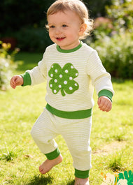 Baby Cute St. Patrick's Day Four-Leaf Clover Embroidered Sweatshirt Set