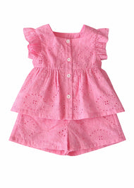 Girls Pink Cotton Eyelet Two-Piece Set