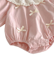 Baby Girl Cute Bow Tie Lace Trim Puff Sleeve Romper