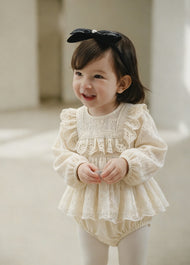 Baby Sweet Lace Trim Long-Sleeved Romper With Headband