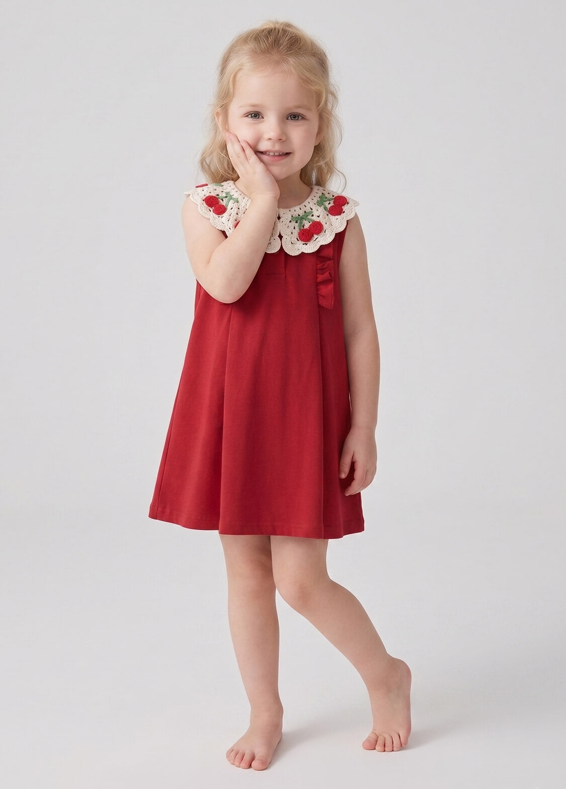Toddler Girls Summer Sleeveless Red Dress Kids Sweet Crochet Lace Collar A-Line Sundress with Cherry Embroidery
