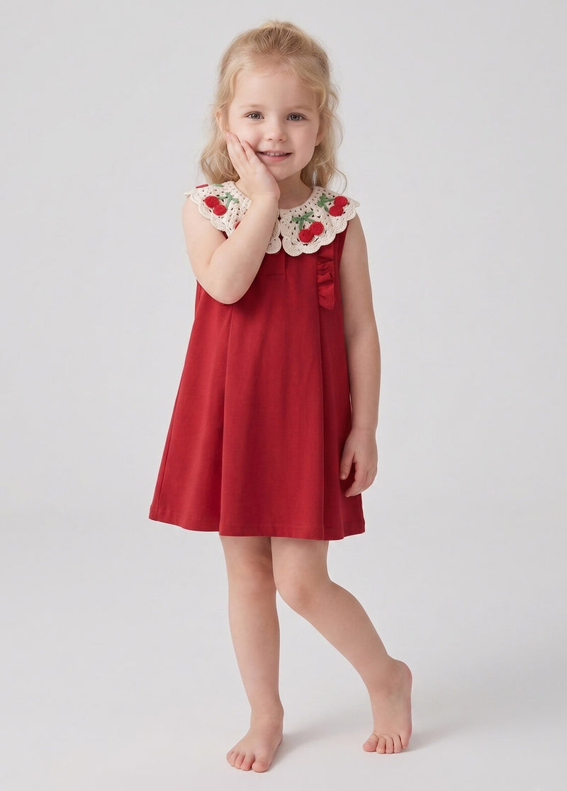 Toddler Girls Summer Sleeveless Red Dress Kids Sweet Crochet Lace Collar A-Line Sundress with Cherry Embroidery