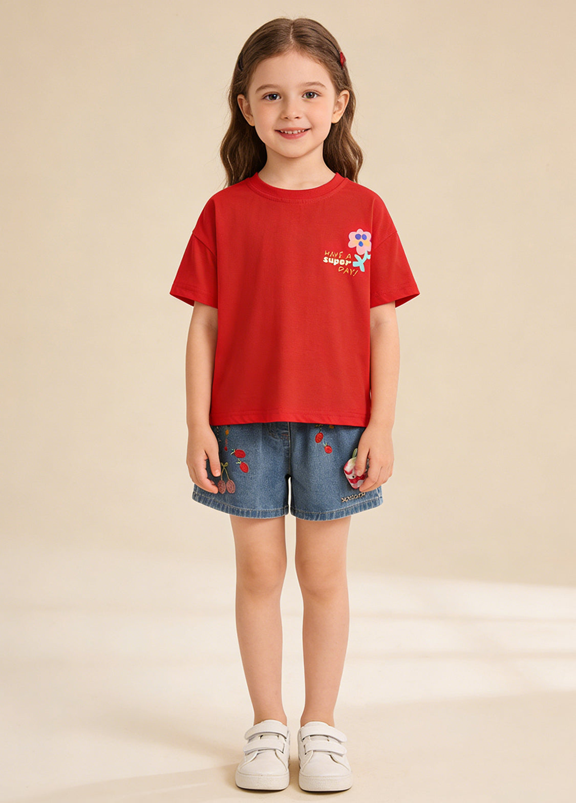 Girls Cotton T-Shirt & Denim Shorts Two-Piece Set