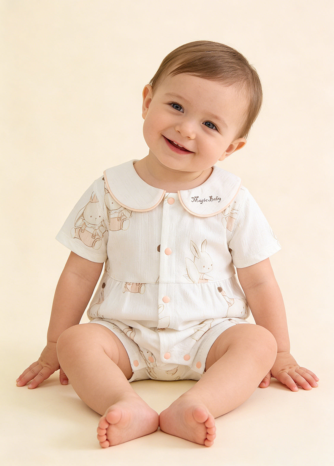 Baby Girl's Summer Bamboo Fiber Romper — Lightweight Design with Bellflower & Elf Bunny Print