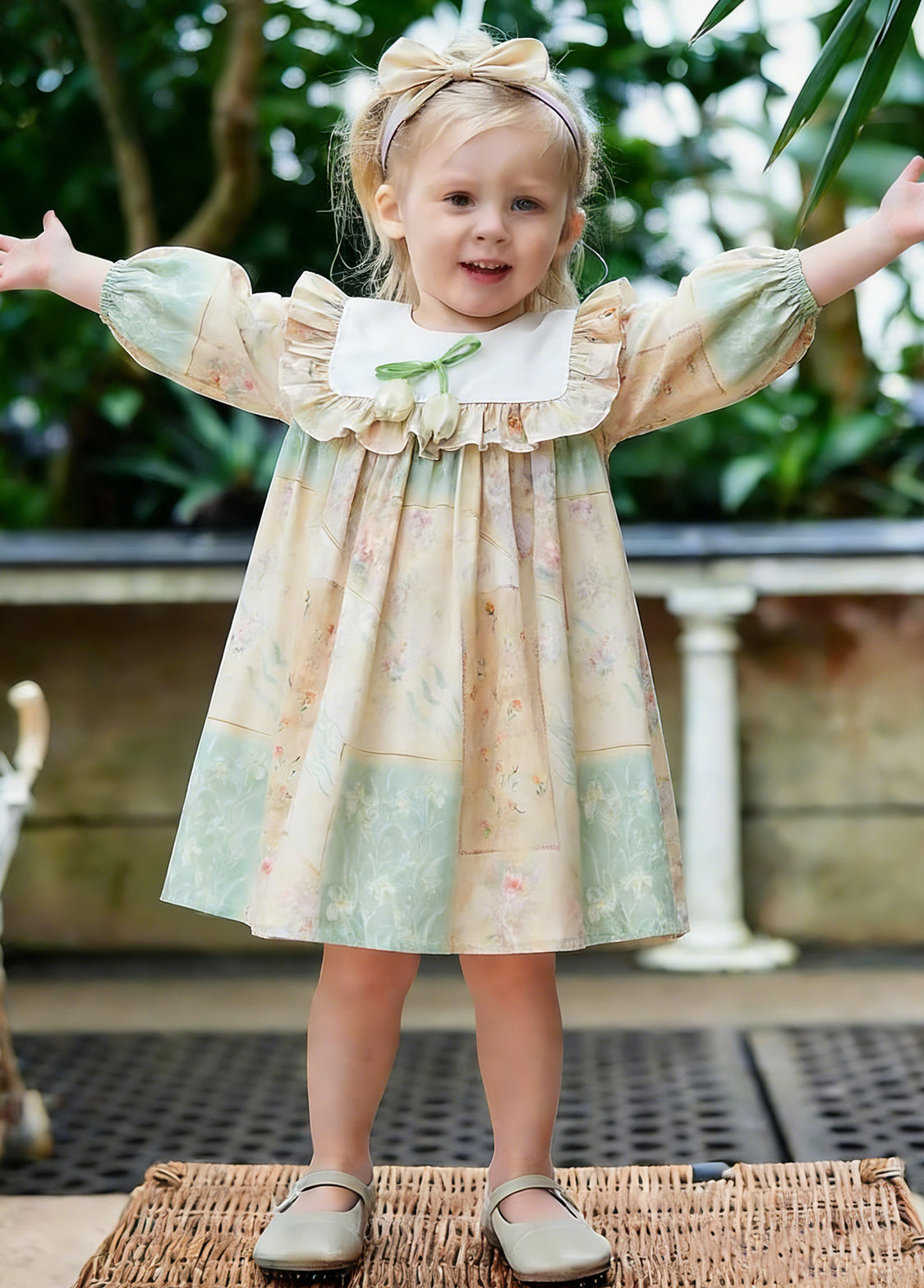 Girls Sweet Floral Ruffle Dress With Headband