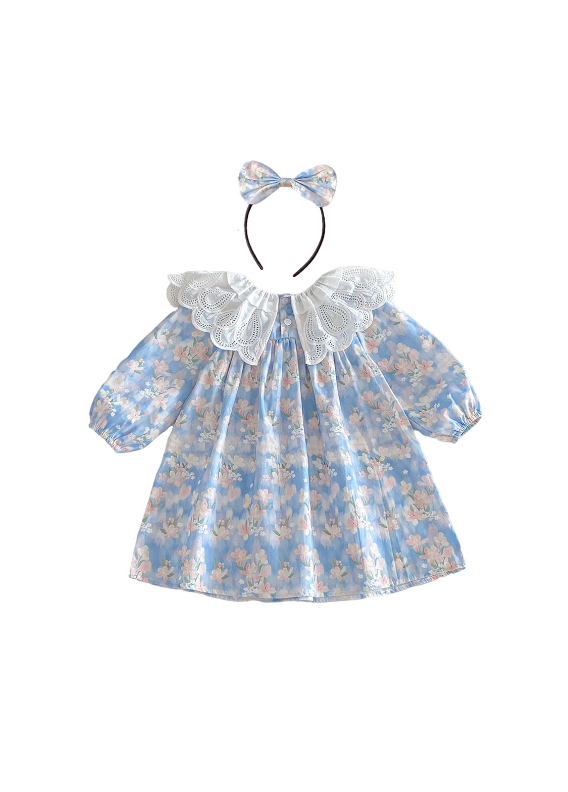 Girls Sweet Floral Dollar Collar Dress With Headband