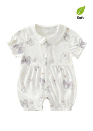 Baby Girl's Summer Short-Sleeve Romper — Lightweight Bamboo Fiber with Purple Butterfly & Forest Elephant Prints