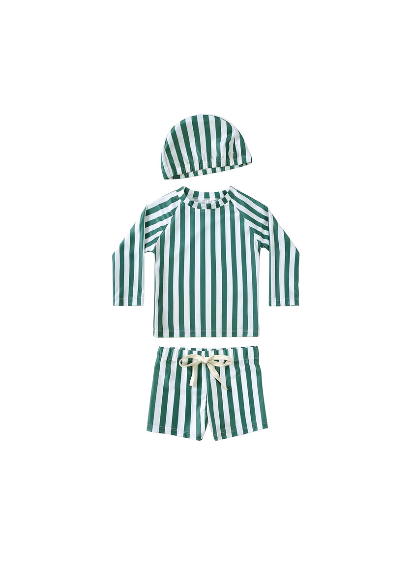 Boys' Two-Piece Swimsuit — Summer Long-Sleeve, Sun-Protective, Green-Striped Swimwear