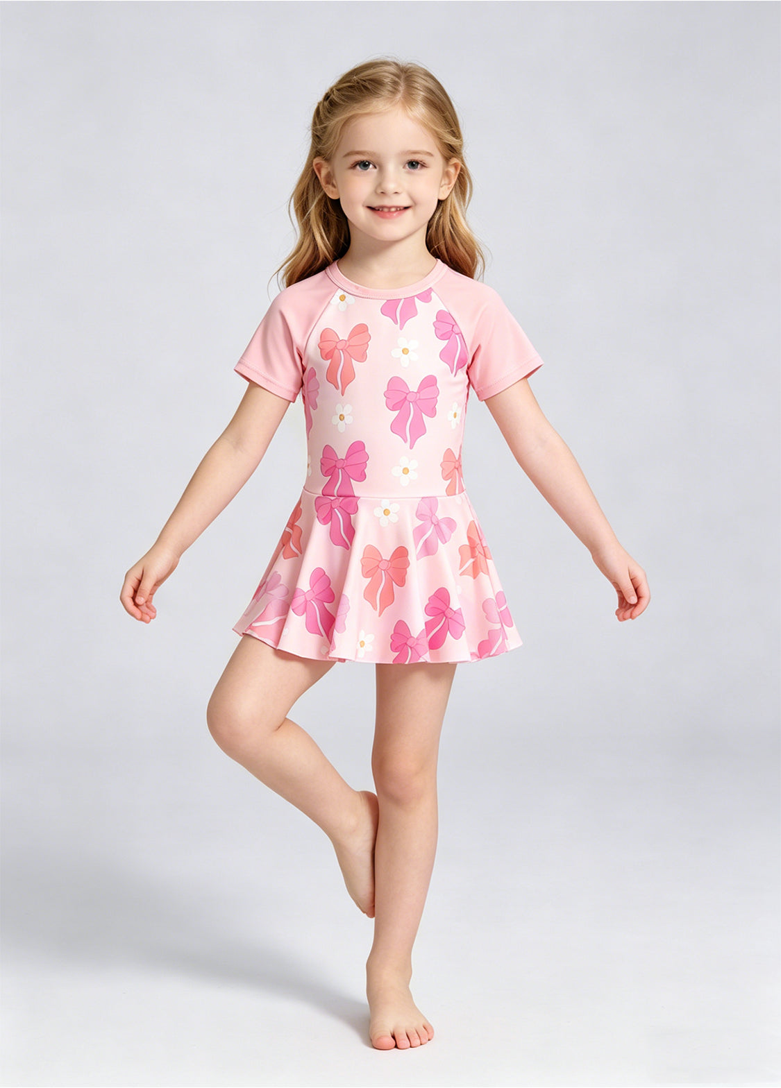 Girls' Summer Short-Sleeve Swim Dress — Floral-Patterned One-Piece Swimsuit
