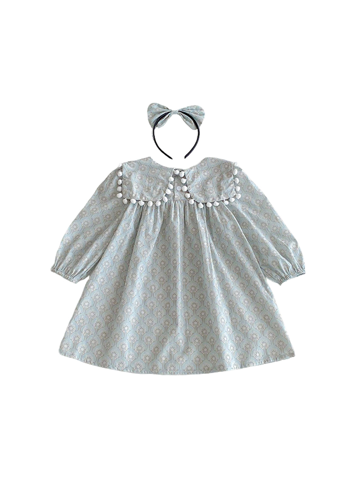 Girls Sweet Floral Pom Poms Dress With Headband