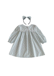 Girls Sweet Floral Pom Poms Dress With Headband
