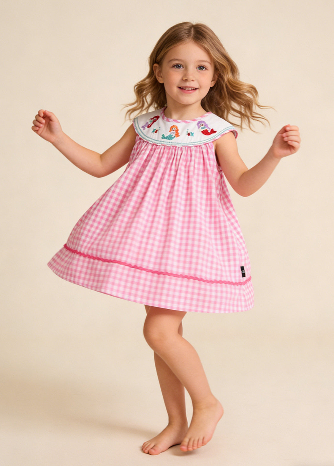 Girls Mermaid Embroidered Cotton Plaid Dress
