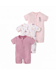 3-Piece Baby Girl Cotton Cute Floral Print Short-Sleeve Romper