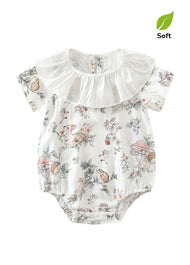 Baby Girl's Summer Short-Sleeve Bamboo Cotton Muslin Romper with Deer Print