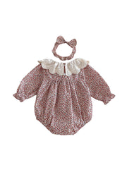 Baby Girls Retro Floral Dollar Collar Romper With Hairband