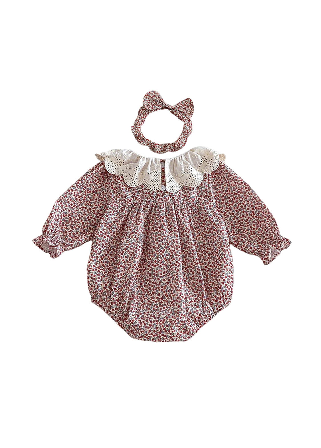 Baby Girls Retro Floral Dollar Collar Romper With Hairband