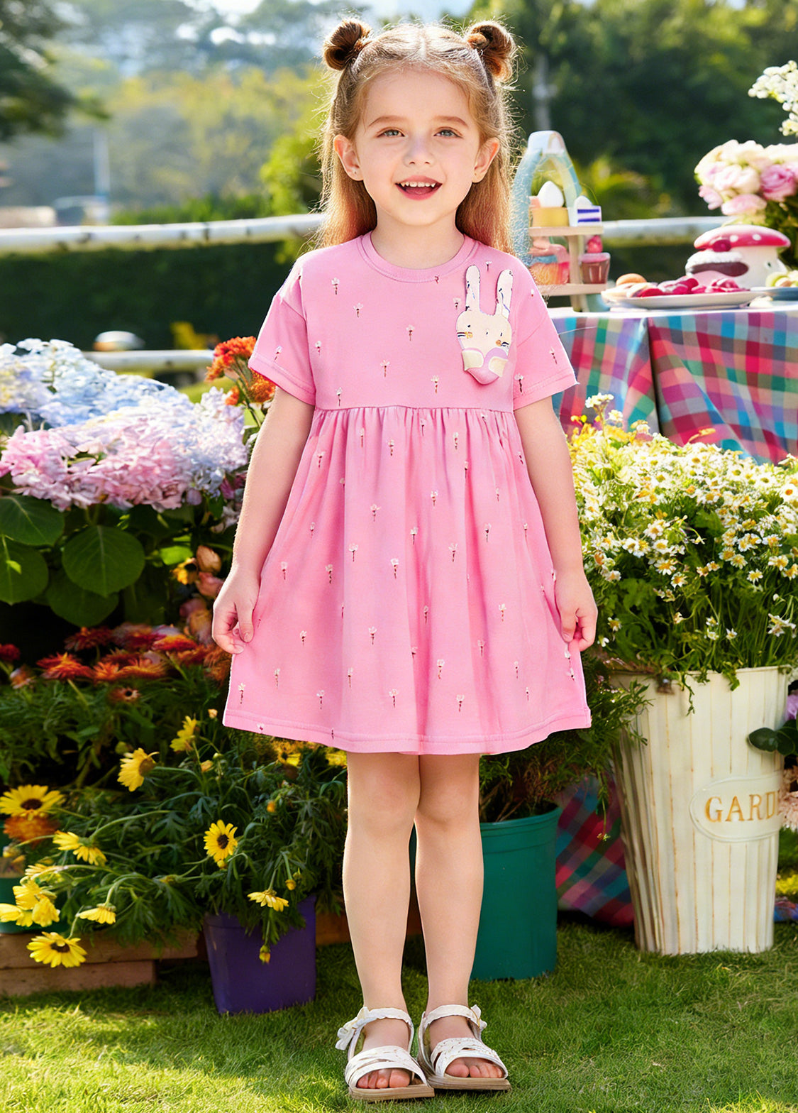 Girls Cute Floral Bunny Short-sleeved Dress