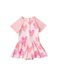 Girls' Summer Short-Sleeve Swim Dress — Floral-Patterned One-Piece Swimsuit