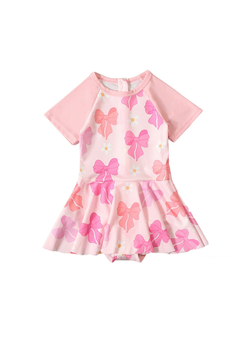 Girls' Summer Short-Sleeve Swim Dress — Floral-Patterned One-Piece Swimsuit