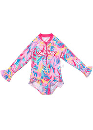 Girls' Cute Pink Floral-Center Swimsuit — Quick-Drying, Long-Sleeve, One-Piece Bodysuit